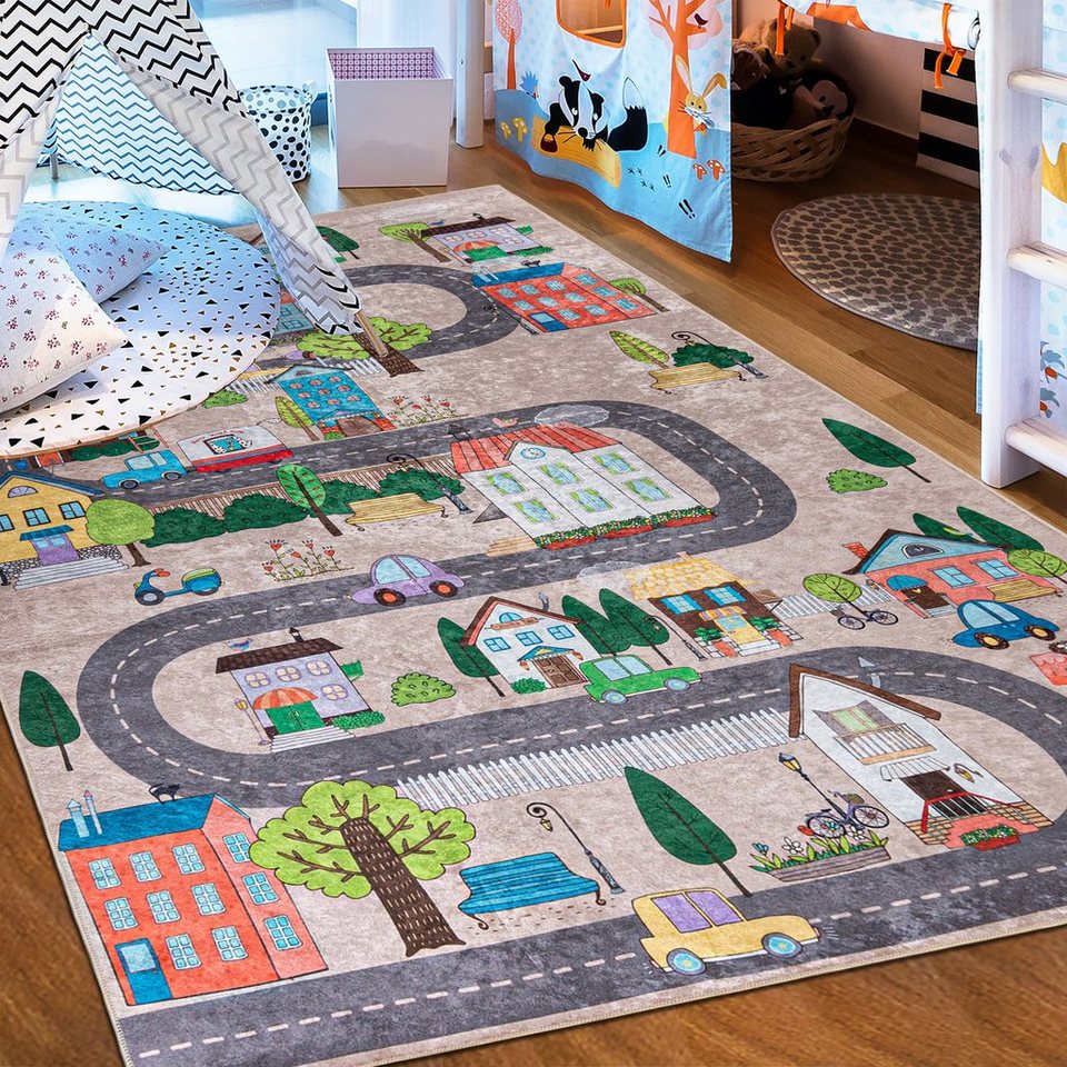 Kinderteppich Kinderteppich Kinderzimmerteppich Straße Stadt Straßenteppich, Mazovia, 80 x 150 cm, Kurflor, Waschbar in Waschmaschine, Höhe 5 mm, Rutschfest von Mazovia