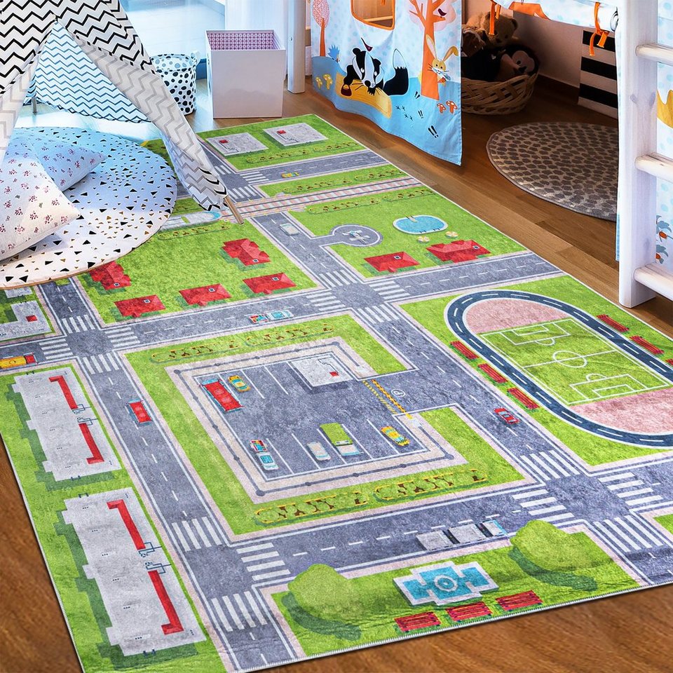 Kinderteppich Kinderteppich Kinderzimmerteppich Straße Stadt Straßenteppich, Mazovia, 120 x 170 cm, Kurflor, Waschbar in Waschmaschine, Höhe 5 mm, Rutschfest von Mazovia