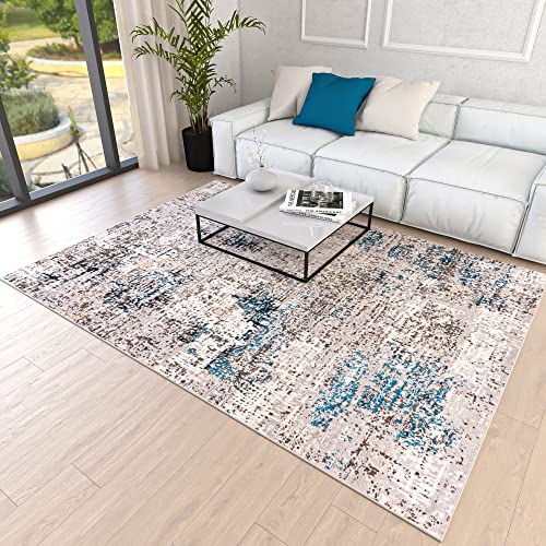 Mazovia Abstraktes Vintage Designer Teppich - Kurzflor - Weich Teppich für Wohnzimmer, Esszimmer - ÖKO-TEX Wohnzimmerteppich - Teppiche Beige Blau Grau 140 x 200 cm von Mazovia