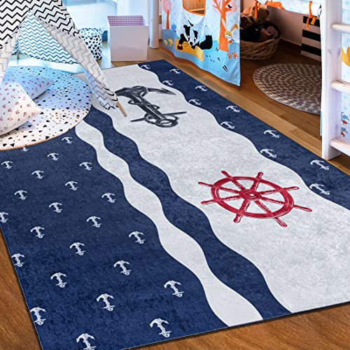 Mazovia Kinderzimmerteppich Antirutsch - Waschbar bis 30 Grad - Anker Motiv - Kurzflor Kinderteppich Teppich für Kinderzimmer - ÖKO-TEX Zertifiziert - Teppiche Junge Mädchen Blau 140 x 200 cm von Mazovia