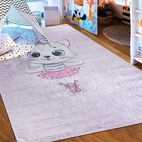 Mazovia Kinderzimmerteppich Antirutsch - Waschbar bis 30 Grad - Ballett Ballerina Katze - Kurzflor Kinderteppich Teppich für Kinderzimmer - ÖKO-TEX - Teppiche Mädchen Rosa Pink 160 x 230 cm von Mazovia