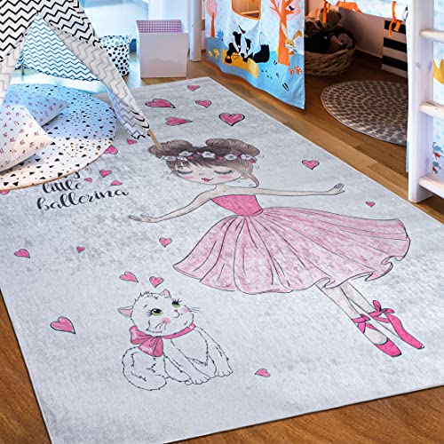 Mazovia Kinderzimmerteppich Antirutsch - Waschbar bis 30 Grad - Ballett Ballerina Katze - Kurzflor Kinderteppich Teppich für Kinderzimmer - ÖKO-TEX - Teppiche Mädchen Rosa Pink Grau 120 x 170 cm von Mazovia