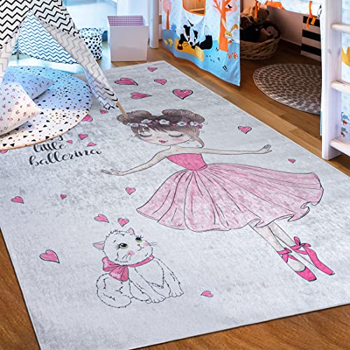 Mazovia Kinderzimmerteppich Antirutsch - Waschbar bis 30 Grad - Ballett Ballerina Katze - Kurzflor Kinderteppich Teppich für Kinderzimmer - ÖKO-TEX - Teppiche Mädchen Rosa Pink Grau 80 x 150 cm von Mazovia