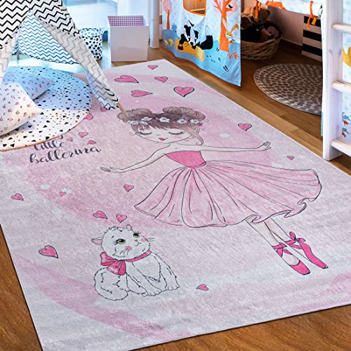 Mazovia Kinderzimmerteppich Antirutsch - Waschbar bis 30 Grad - Ballett Ballerina - Kurzflor Kinderteppich Teppich für Kinderzimmer - ÖKO-TEX - Teppiche Mädchen Rosa Pink 140 x 200 cm von Mazovia