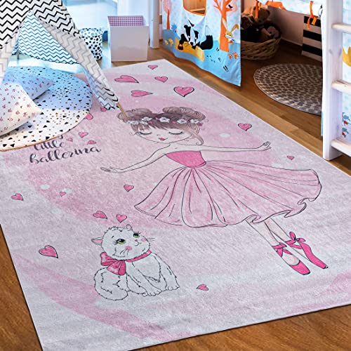 Mazovia Kinderzimmerteppich Antirutsch - Waschbar bis 30 Grad - Ballett Ballerina - Kurzflor Kinderteppich Teppich für Kinderzimmer - ÖKO-TEX - Teppiche Mädchen Rosa Pink 80 x 150 cm von Mazovia