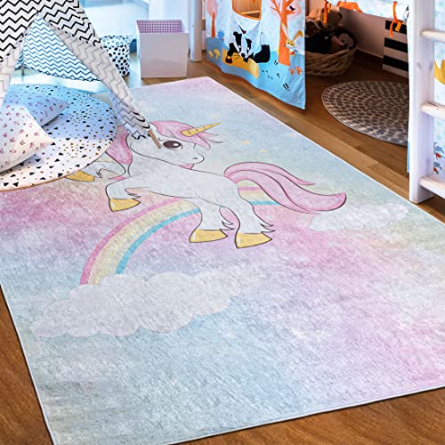 Mazovia Kinderzimmerteppich Antirutsch - Waschbar bis 30 Grad - Einhorn - Kurzflor Kinderteppich Teppich für Kinderzimmer - ÖKO-TEX Zertifiziert - Teppiche Mädchen Bunt Rosa Pink 120 x 170 cm von Mazovia