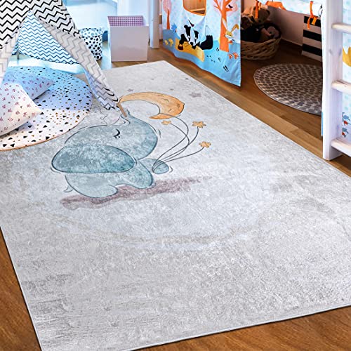 Mazovia Kinderzimmerteppich Antirutsch - Waschbar bis 30 Grad - Elefant - Kurzflor Kinderteppich Teppich für Kinderzimmer - ÖKO-TEX - Teppiche Junge Mädchen Beige Creme Blau 160 x 230 cm von Mazovia