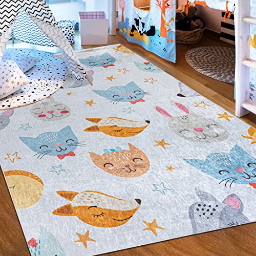 Mazovia Kinderzimmerteppich Antirutsch - Waschbar bis 30 Grad - Fuchs Tiere - Kurzflor Kinderteppich Teppich für Kinderzimmer - ÖKO-TEX - Teppiche Junge Mädchen Bunt Grau 140 x 200 cm von Mazovia