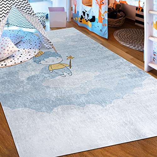 Mazovia Kinderzimmerteppich Antirutsch - Waschbar bis 30 Grad - Himmel - Kurzflor Kinderteppich Teppich für Kinderzimmer - ÖKO-TEX Zertifiziert - Teppiche Junge Mädchen Blau 120 x 170 cm von Mazovia