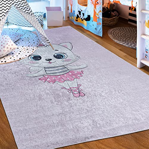 Mazovia Kinderzimmerteppich Antirutsch - Waschbar bis 30 Grad - Katze - Kurzflor Kinderteppich Teppich für Kinderzimmer - ÖKO-TEX Zertifiziert - Teppiche Mädchen Rosa Pink 160 x 230 cm von Mazovia