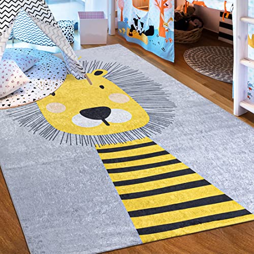 Mazovia Kinderzimmerteppich Antirutsch - Waschbar bis 30 Grad - Löwe Tiere - Kurzflor Kinderteppich Teppich für Kinderzimmer - ÖKO-TEX - Teppiche Junge Mädchen Grau Gelb 140 x 200 cm von Mazovia