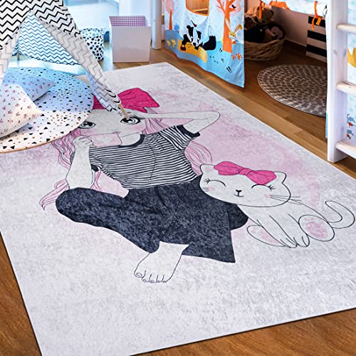 Mazovia Kinderzimmerteppich Antirutsch - Waschbar bis 30 Grad - Mädchen und Katze - Kurzflor Kinderteppich Teppich für Kinderzimmer - ÖKO-TEX - Teppiche Mädchen Rosa Pink Grau 140 x 200 cm von Mazovia