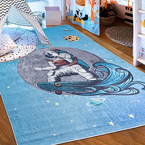 Mazovia Kinderzimmerteppich Antirutsch - Waschbar bis 30 Grad - Planeten Weltraum - Kurzflor Kinderteppich Teppich für Kinderzimmer - ÖKO-TEX - Teppiche Junge Mädchen Blau 140 x 200 cm von Mazovia