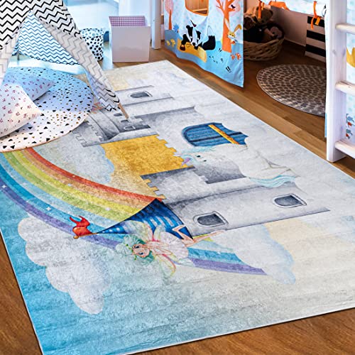 Mazovia Kinderzimmerteppich Antirutsch - Waschbar bis 30 Grad - Prinzessin Schloss - Kurzflor Kinderteppich Teppich für Kinderzimmer - ÖKO-TEX - Teppiche Mädchen Bunt Blau 140 x 200 cm von Mazovia