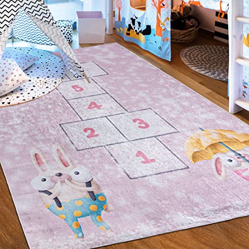 Mazovia Kinderzimmerteppich Antirutsch - Waschbar bis 30 Grad - Spielteppich Hüpfspiel - Kurzflor Kinderteppich Teppich für Kinderzimmer - ÖKO-TEX - Teppiche Junge Mädchen Rosa Pink 80 x 150 cm von Mazovia