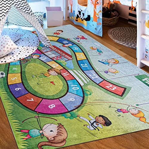 Mazovia Kinderzimmerteppich Antirutsch - Waschbar bis 30 Grad - Spielteppich Hüpfspiel - Kurzflor Kinderteppich Teppich für Kinderzimmer - ÖKO-TEX Zertifiziert - Bunt Grün 80 x 150 cm von Mazovia