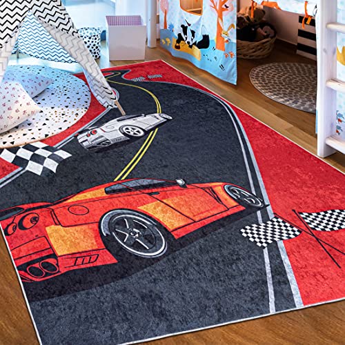 Mazovia Kinderzimmerteppich Antirutsch - Waschbar bis 30 Grad - Spielteppich Rennauto Auto - Kurzflor Kinderteppich für Kinderzimmer - ÖKO-TEX - Teppiche Junge Rot Schwarz 80 x 150 cm von Mazovia