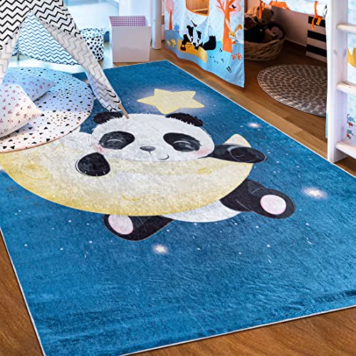 Mazovia Kinderzimmerteppich Antirutsch - Waschbar bis 30 Grad - Stern Mond Panda Tiere - Kurzflor Kinderteppich Teppich für Kinderzimmer - ÖKO-TEX - Teppiche Junge Mädchen Blau 140 x 200 cm von Mazovia