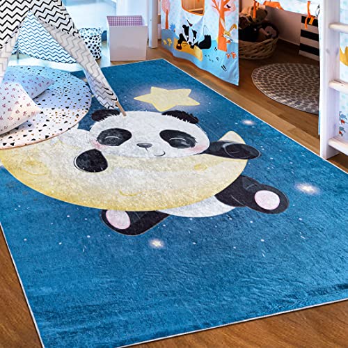 Mazovia Kinderzimmerteppich Antirutsch - Waschbar bis 30 Grad - Stern Mond Panda Tiere - Kurzflor Kinderteppich Teppich für Kinderzimmer - ÖKO-TEX - Teppiche Junge Mädchen Blau 80 x 150 cm von Mazovia