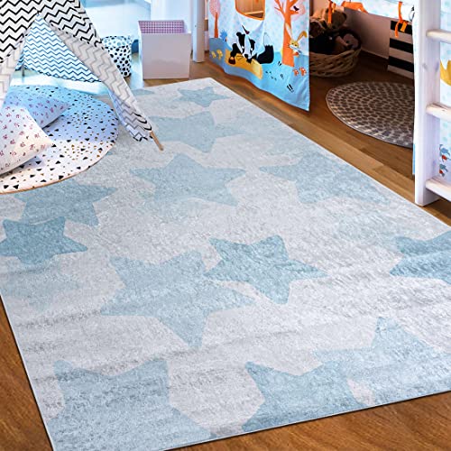 Mazovia Kinderzimmerteppich Antirutsch - Waschbar bis 30 Grad - Sterne - Kurzflor Kinderteppich Teppich für Kinderzimmer - ÖKO-TEX Zertifiziert - Teppiche Junge Mädchen Blau Grau 120 x 170 cm von Mazovia