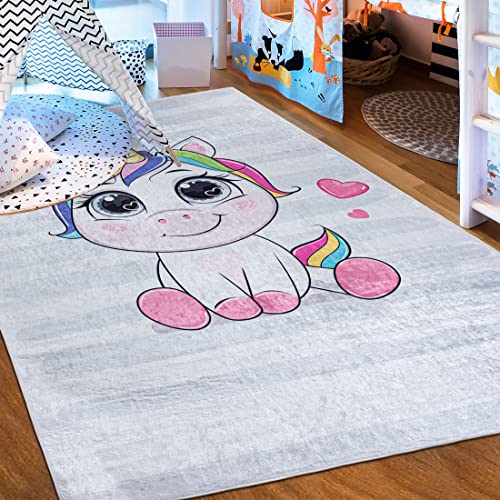 Mazovia Kinderzimmerteppich Antirutsch - Waschbar bis 30 Grad - Tiere - Kurzflor Kinderteppich Teppich für Kinderzimmer - ÖKO-TEX Zertifiziert - Teppiche Junge Mädchen Rosa Pink Grau 80 x 150 cm von Mazovia