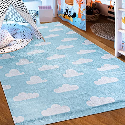 Mazovia Kinderzimmerteppich Antirutsch - Waschbar bis 30 Grad - Wolken Sky - Kurzflor Kinderteppich Teppich für Kinderzimmer - ÖKO-TEX Zertifiziert - Teppiche Junge Mädchen Blau 160 x 230 cm von Mazovia