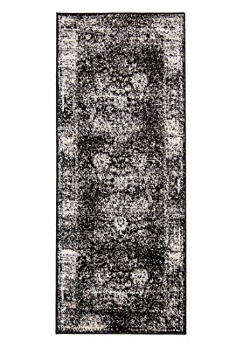 Mazovia Läufer Teppich Flur - Vintage Teppichläufer - Kurzflor, Weich - für Vorzimmer Küche Korridor - Vintage Muster - ÖKO-TEX - Meterware - Used Look Vintage Optik 60 x 200 cm Schwarz von Mazovia