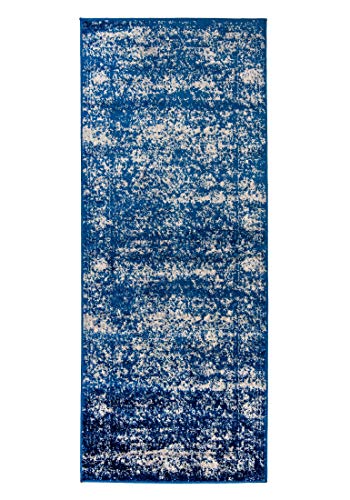 Mazovia Läufer Teppich Flur - Vintage Teppichläufer - Kurzflor, Weich - für Vorzimmer Küche Korridor - Vintage Muster - ÖKO-TEX - Meterware - Used Look Vintage Optik 80 x 300 cm Navy Blau von Mazovia