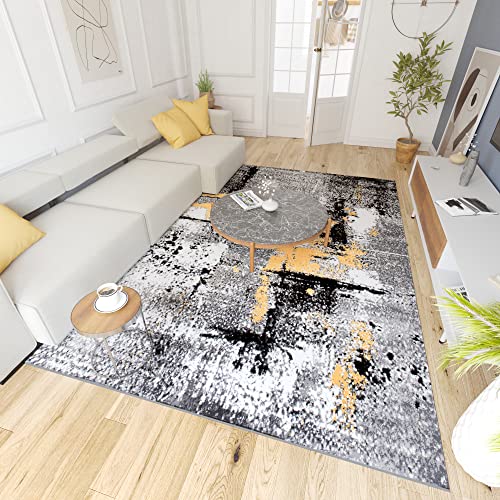 Mazovia Modern Teppich - Kurzflor - Teppich für Wohnzimmer, Schlafzimmer, Esszimmer - ÖKO-TEX Wohnzimmerteppich, Robust und pflegeleicht, Niedrige Florhöhe - Grau Gelb 140 x 200 cm von Mazovia