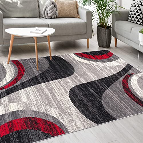 Mazovia Modern Teppich - Kurzflor - Teppich für Wohnzimmer, Schlafzimmer, Esszimmer - ÖKO-TEX Wohnzimmerteppich, Robust und pflegeleicht, Niedrige Florhöhe – Teppiche - grau rot 100 x 250 cm von Mazovia