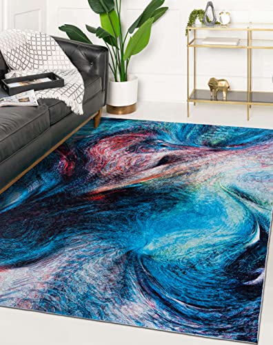 Mazovia Modern Teppich - Kurzflor Waschbar - Weich Teppich für Wohnzimmer, Schlafzimmer, Esszimmer – Teppiche Abstrakt - Bunt Blau 140 x 200 cm von Mazovia