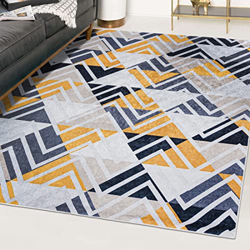 Mazovia Modern Teppich - Kurzflor Waschbar - Weich Teppich für Wohnzimmer, Schlafzimmer, Esszimmer – Teppiche Geometrisch - Grau Gelb 140 x 200 cm von Mazovia