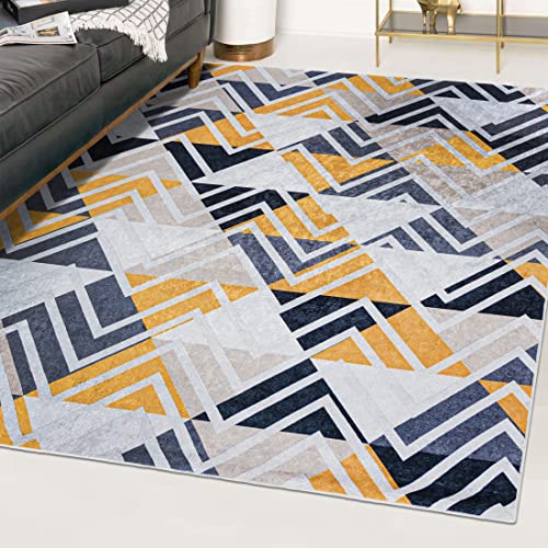 Mazovia Modern Teppich - Kurzflor Waschbar - Weich Teppich für Wohnzimmer, Schlafzimmer, Esszimmer – Teppiche Geometrisch - Grau Gelb 160 x 230 cm von Mazovia