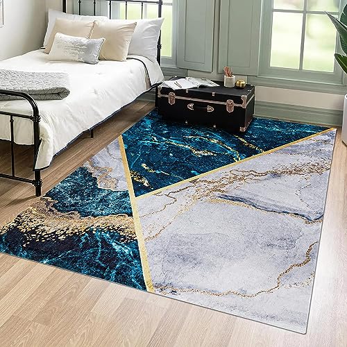 Mazovia Modern Teppich - Kurzflor Waschbar - Weich Teppich für Wohnzimmer, Schlafzimmer, Esszimmer – Teppiche Marmor Abstrakt Muster - Blau Grau Gold 120 x 170 cm von Mazovia