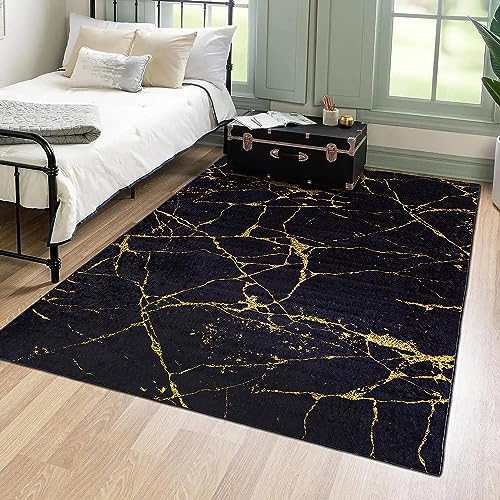 Mazovia Modern Teppich - Kurzflor Waschbar - Weich Teppich für Wohnzimmer, Schlafzimmer, Esszimmer – Teppiche Marmor Abstrakt Muster - Schwarz Gold 120 x 170 cm von Mazovia