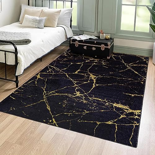 Mazovia Modern Teppich - Kurzflor Waschbar - Weich Teppich für Wohnzimmer, Schlafzimmer, Esszimmer – Teppiche Marmor Abstrakt Muster - Schwarz Gold 160 x 230 cm von Mazovia