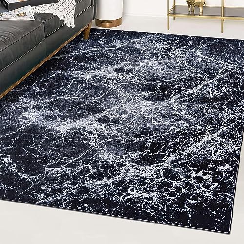 Mazovia Modern Teppich - Kurzflor Waschbar - Weich Teppich für Wohnzimmer, Schlafzimmer, Esszimmer – Teppiche Marmor Abstrakt Muster - Schwarz Grau 140 x 200 cm von Mazovia