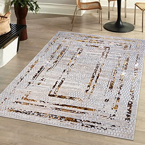 Mazovia Modern Teppich Wohnzimmer, Kurzflor elegant glänzender - Abstrakt Design - Wohnzimmerteppich in Beige Creme mit Gold 120 x 170 cm von Mazovia