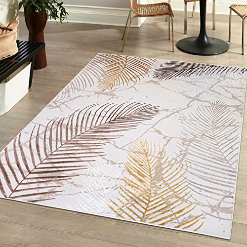 Mazovia Modern Teppich Wohnzimmer, Kurzflor elegant glänzender - Abstrakt Design - Wohnzimmerteppich in Beige Creme mit Gold 140 x 200 cm von Mazovia