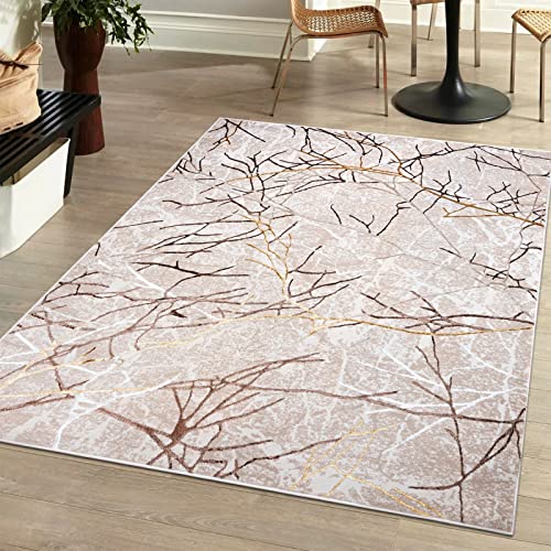 Mazovia Modern Teppich Wohnzimmer, Kurzflor elegant glänzender - Abstrakt Design - Wohnzimmerteppich in Beige Creme mit Gold 140 x 200 cm von Mazovia