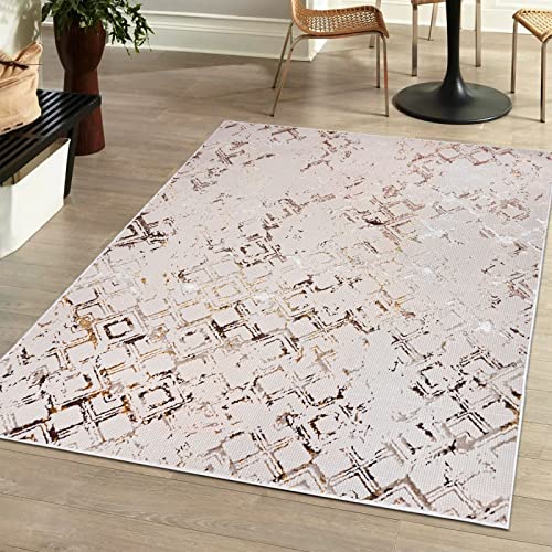 Mazovia Modern Teppich Wohnzimmer, Kurzflor elegant glänzender - Abstrakt Design - Wohnzimmerteppich in Beige Creme mit Gold 140 x 200 cm von Mazovia