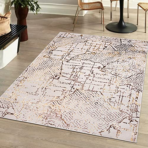 Mazovia Modern Teppich Wohnzimmer, Kurzflor elegant glänzender - Abstrakt Design - Wohnzimmerteppich in Beige Creme mit Gold 160 x 230 cm von Mazovia