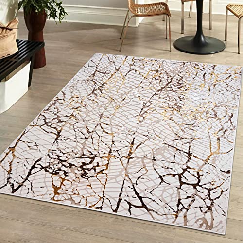 Mazovia Modern Teppich Wohnzimmer, Kurzflor elegant glänzender - Abstrakt Design - Wohnzimmerteppich in Beige Creme mit Gold 200 x 300 cm von Mazovia