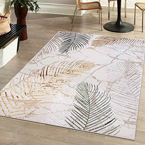 Mazovia Modern Teppich Wohnzimmer, Kurzflor elegant glänzender - Abstrakt Design - Wohnzimmerteppich in Beige Creme mit Gold 200 x 300 cm von Mazovia