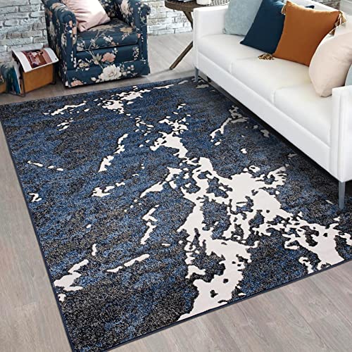 Mazovia Modern Teppich Wohnzimmer, Kurzflor elegant glänzender - Abstrakt Design - Wohnzimmerteppich in Blau Marineblau 140 x 200 cm von Mazovia