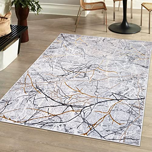 Mazovia Modern Teppich Wohnzimmer, Kurzflor elegant glänzender - Abstrakt Design - Wohnzimmerteppich in Grau Silber mit Gold 120 x 170 cm von Mazovia