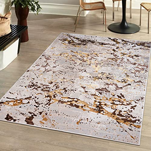 Mazovia Modern Teppich Wohnzimmer, Kurzflor elegant glänzender - Abstrakt Marmor Design - Wohnzimmerteppich in Beige Creme mit Gold 120 x 170 cm von Mazovia