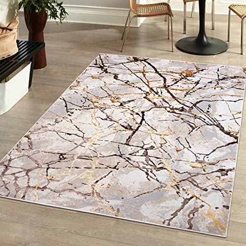 Mazovia Modern Teppich Wohnzimmer, Kurzflor elegant glänzender - Abstrakt Marmor Design - Wohnzimmerteppich in Beige Creme mit Gold 120 x 170 cm von Mazovia