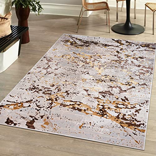 Mazovia Modern Teppich Wohnzimmer, Kurzflor elegant glänzender - Abstrakt Marmor Design - Wohnzimmerteppich in Beige Creme mit Gold 120 x 170 cm von Mazovia