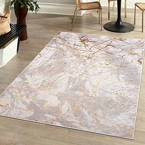 Mazovia Modern Teppich Wohnzimmer, Kurzflor elegant glänzender - Abstrakt Marmor Design - Wohnzimmerteppich in Beige Creme mit Gold 140 x 200 cm von Mazovia